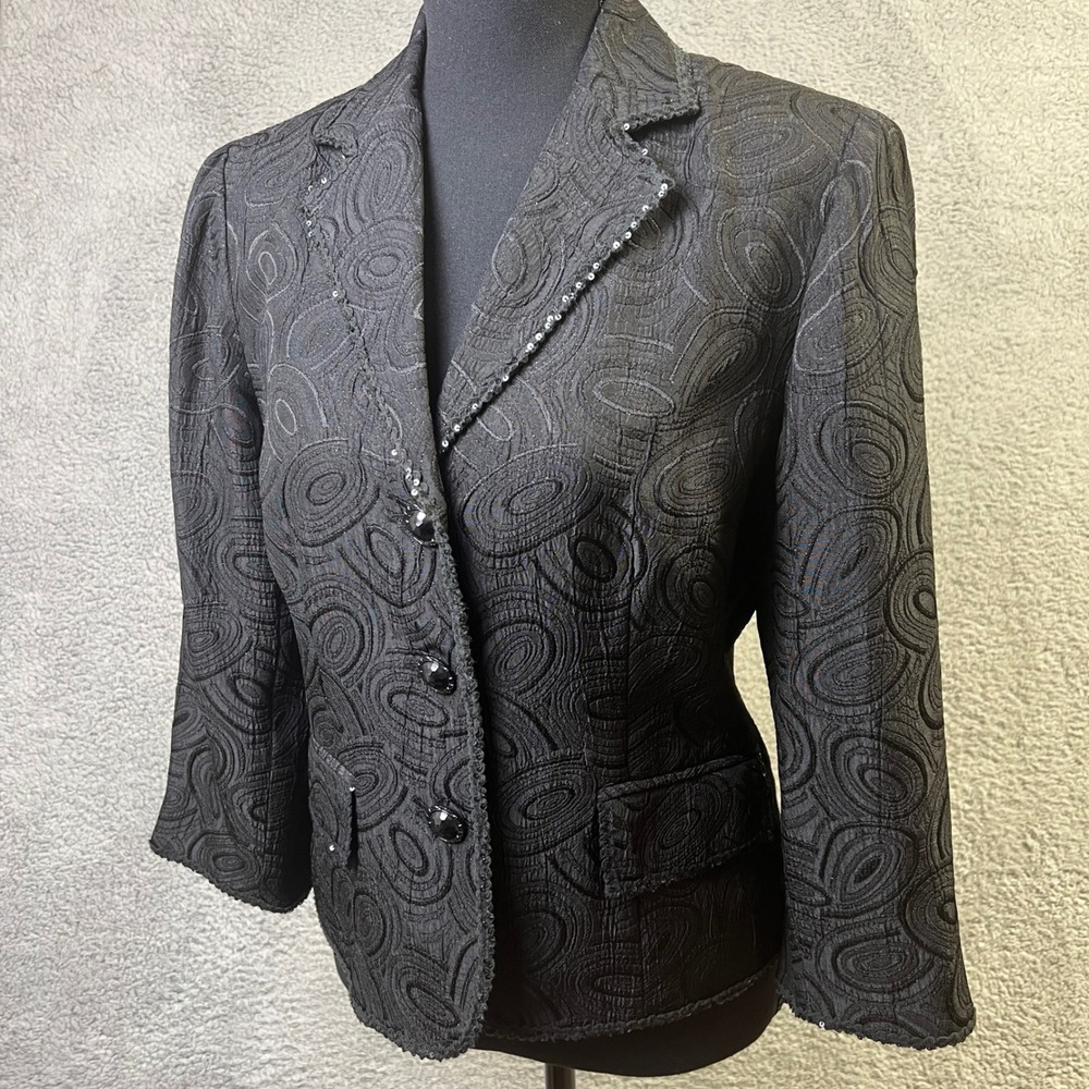 Maggy London Blazer Women 10 Black Swirl Jacquard Sequin Trim Statement Piece